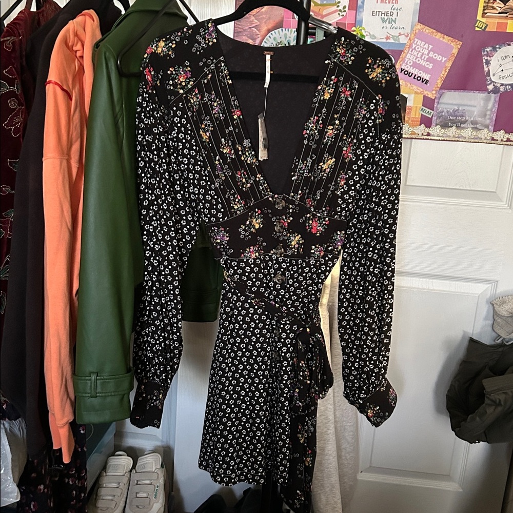 Free People Black Floral Long Sleeve Dress